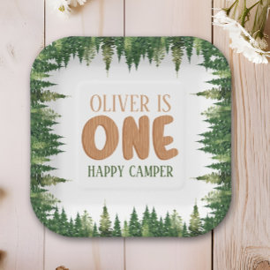 Rustic Happy Camper First Birthday Green Forest Paper Plate