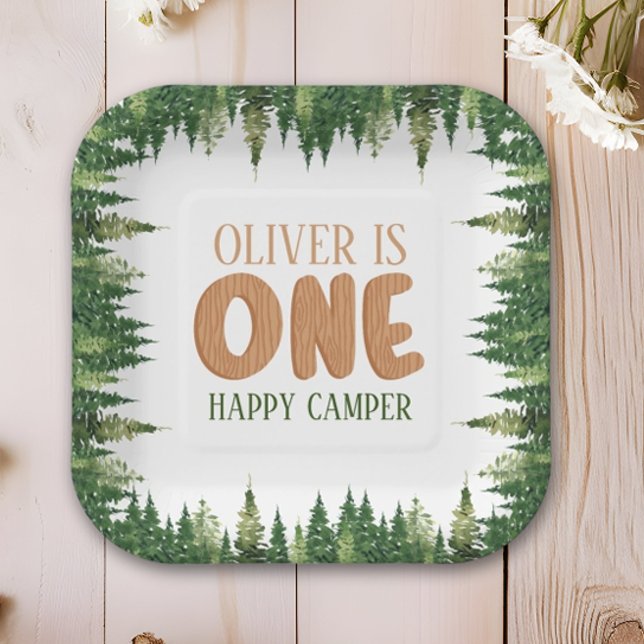 Rustic Happy Camper First Birthday Green Forest Paper Plate (Creator Uploaded)