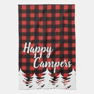Rustic Happy Campers Buffalo Check Plaid Tea Towel