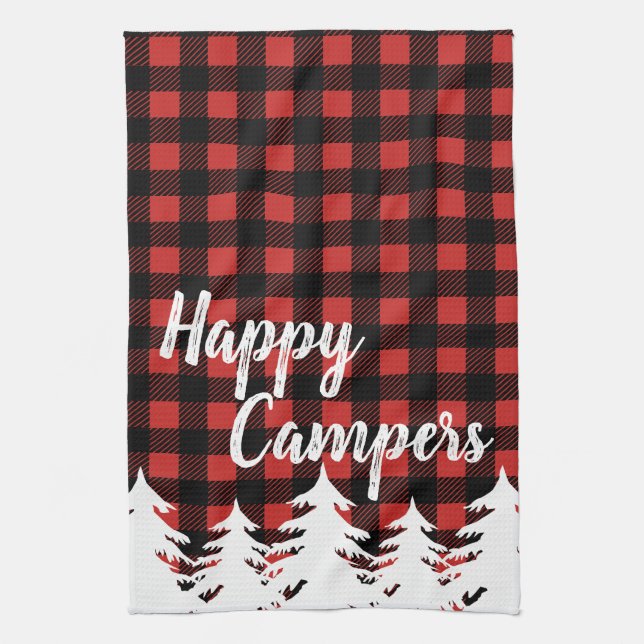 Rustic Happy Campers Buffalo Check Plaid Tea Towel (Vertical)