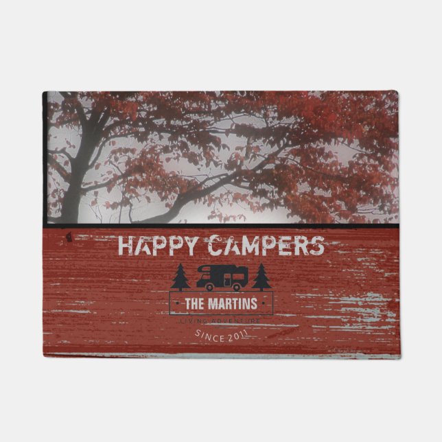 Rustic Happy Campers | Camping RV Family Name Doormat (Front)