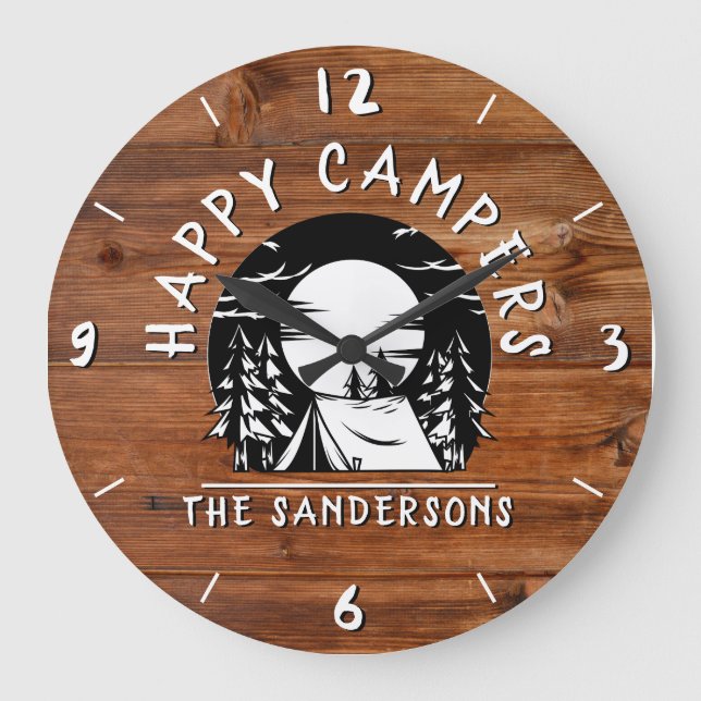 Rustic Happy Campers Tent Family Name Wood Design Large Clock (Front)