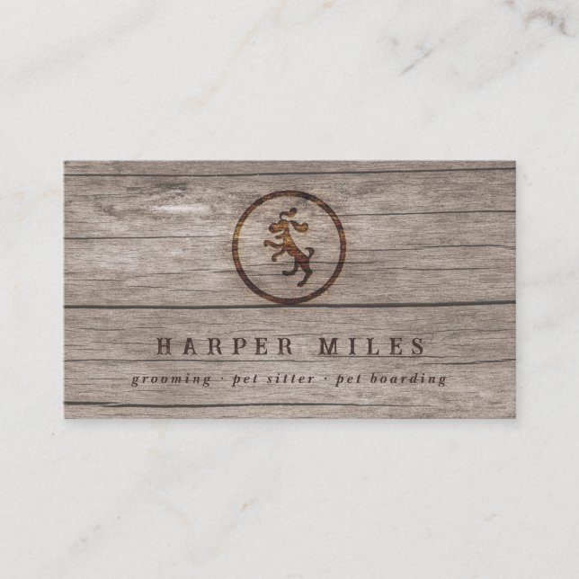 rustic happy dog logo etched in wood business card (Front)