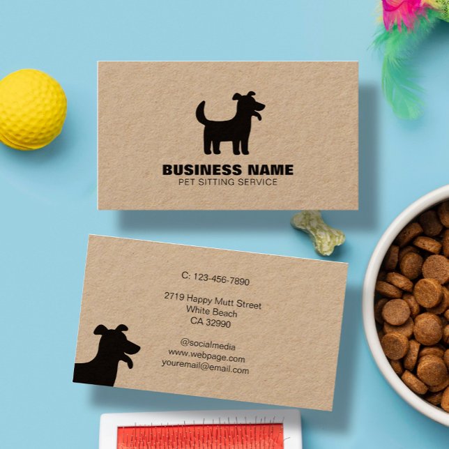 Rustic Happy Dog Silhouette Logo Pet Service Kraft Business Card (Creator Uploaded)