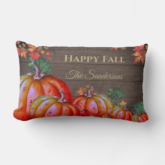 Rustic Happy Fall Orange Pumpkin Fall Leaves Wood  Lumbar Cushion (Front)