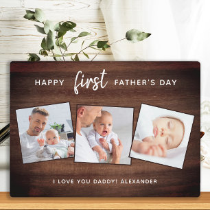 Rustic Happy First Father's Day Wooden 3 Photo Plaque