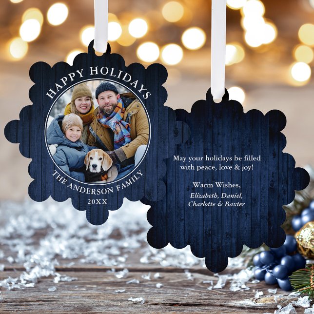 Rustic Happy Holidays Blue Wood Print Tree Decoration Card (A greeting card that is also an ornament! Customize with your photo and personalized text.)