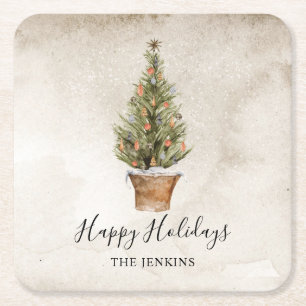Rustic Happy Holidays Christmas Tree Square Paper Coaster
