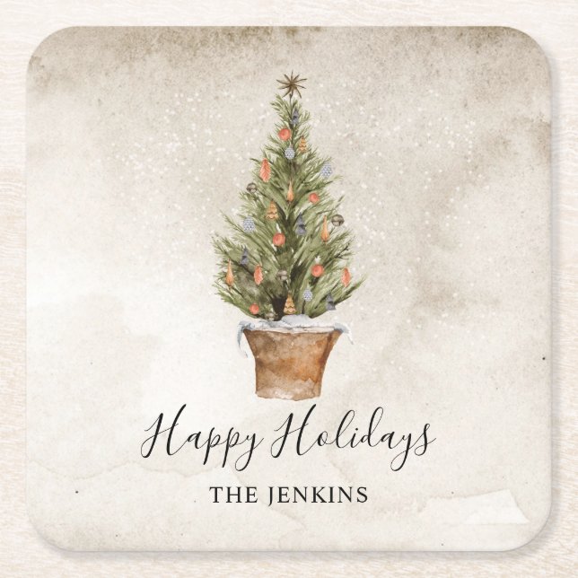 Rustic Happy Holidays Christmas Tree Square Paper Coaster (Front)