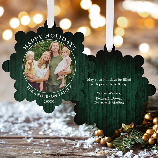 Rustic Happy Holidays Green Wood Print Tree Decoration Card (A greeting card that is also an ornament! Customize with your photo and personalized text.)