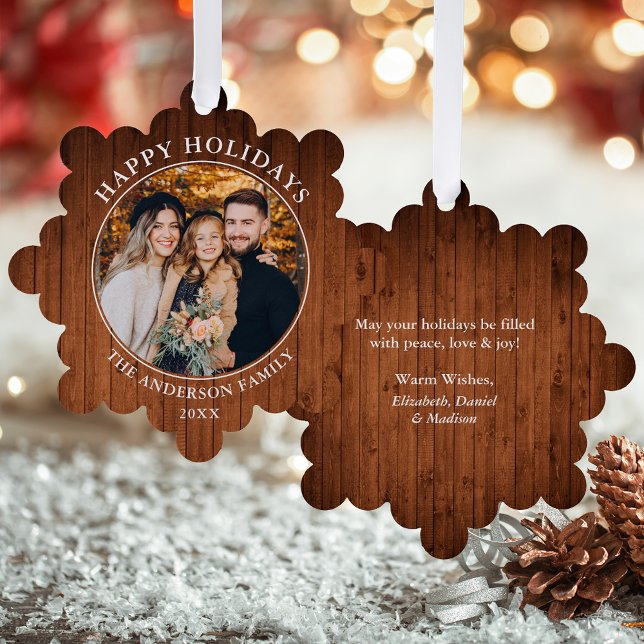 Rustic Happy Holidays Photo Tree Decoration Card (A greeting card that is also an ornament! Customize with your photo and personalized text.)