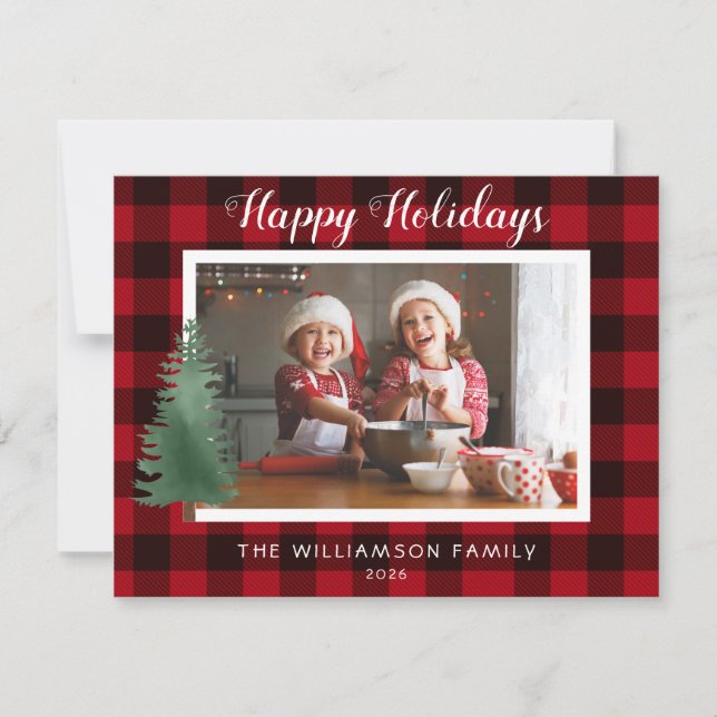 Rustic Happy Holidays Plaid Family Photo  Card (Front)