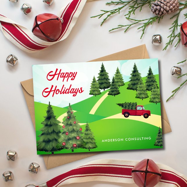 Rustic Happy Holidays Red Truck Tree Buisness Holiday Card (Creator Uploaded)