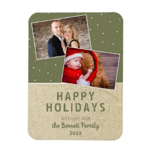 Rustic Happy Holidays Snow 2 Photo Collage Magnet