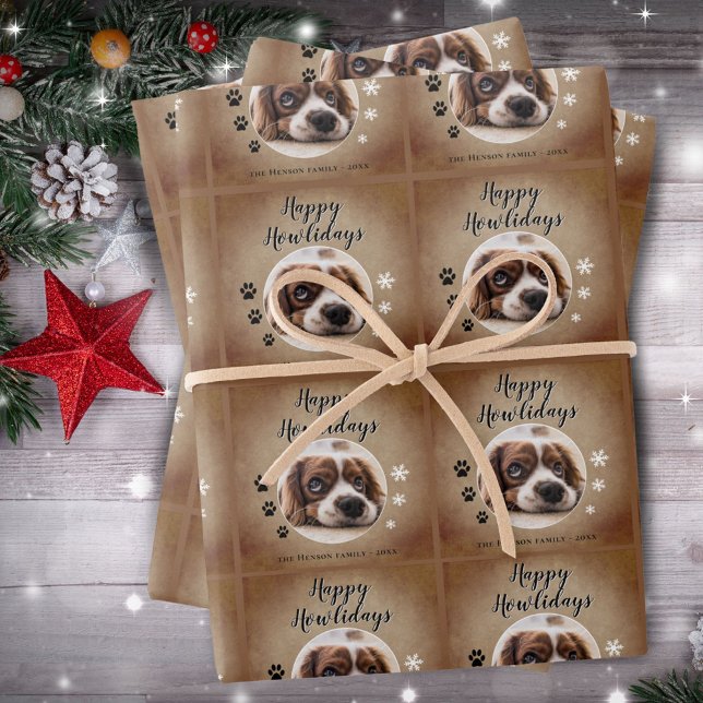 Rustic Happy Howlidays Dog Photo Christmas Holiday Wrapping Paper Sheet (Creator Uploaded)