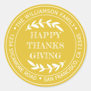 Rustic Happy Thanksgiving Return Address Yellow Classic Round Sticker