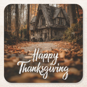 Rustic "Happy Thanksgiving" with Autumn Cottage Square Paper Coaster