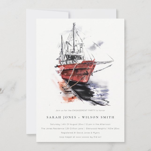 Rustic Harbour Yacht Sailboat Watercolor Engagemen Invitation (Front)