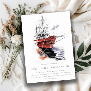 Rustic Harbour Yacht Sailboat Watercolor Wedding Invitation