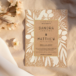 Rustic hard brown paper white gold floral Wedding Invitation