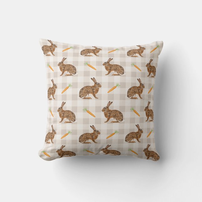 Rustic Hare And Carrot Beige Gingham Spring Easter Cushion (Front)