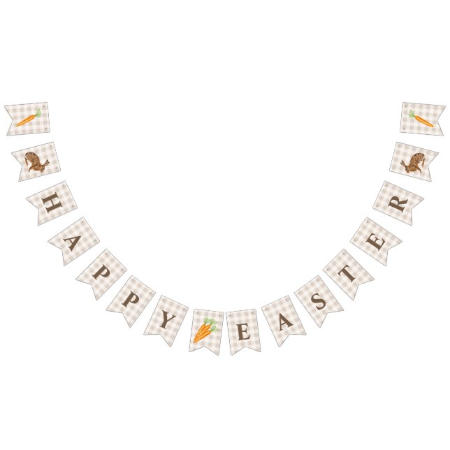 Rustic Hare And Carrot Happy Easter Beige Gingham Bunting (All)