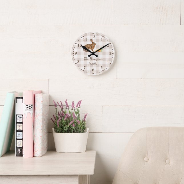 Rustic Hare And Carrots Farmhouse Beige Gingham Round Clock (Reading Room)
