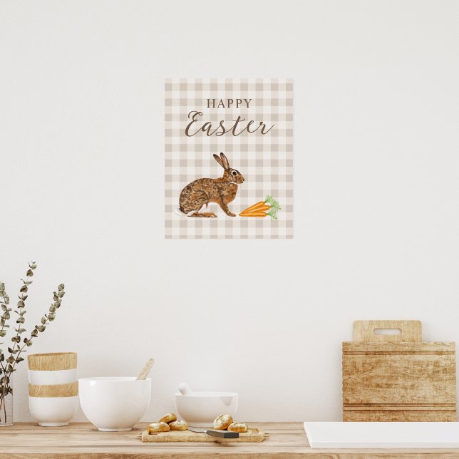 Rustic Hare And Carrots Happy Easter Beige Gingham Poster (Kitchen)