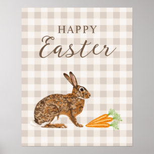 Rustic Hare And Carrots Happy Easter Beige Gingham Poster