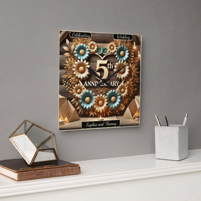 Rustic Harmony 5th Anniversary Floral Masterpiece Square Wall Clock (Office)