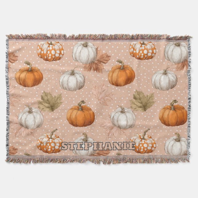 Rustic Harvest Autumn - Pumpkins & Leaves Throw Blanket (Front)
