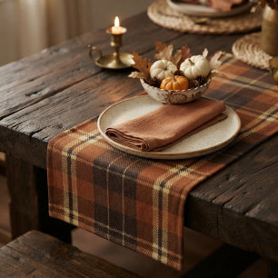 Rustic Harvest Autumn Tartan Plaid Orange & Brown Short Table Runner