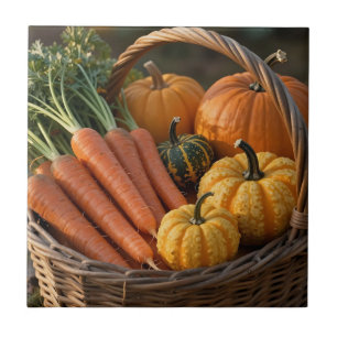 Rustic Harvest Basket Pumpkins Carrots Ceramic Tile