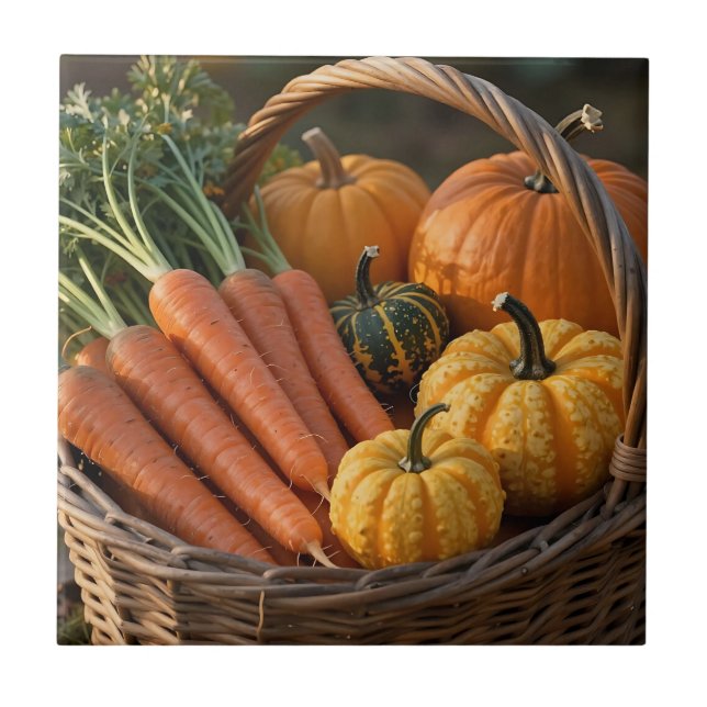 Rustic Harvest Basket Pumpkins Carrots Ceramic Tile (Front)