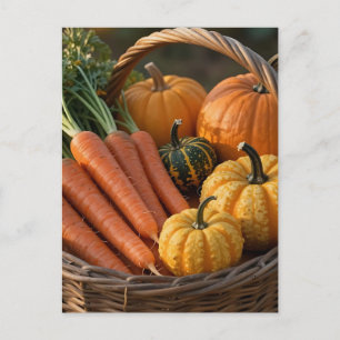 Rustic Harvest Basket Pumpkins Carrots Postcard