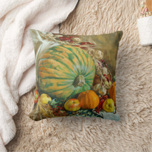 Rustic Harvest Still Life with Pumpkins and Apples Cushion