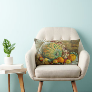 Rustic Harvest Still Life with Pumpkins and Apples Lumbar Cushion