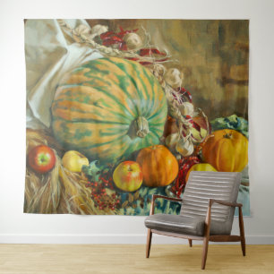 Rustic Harvest Still Life with Pumpkins and Apples Tapestry