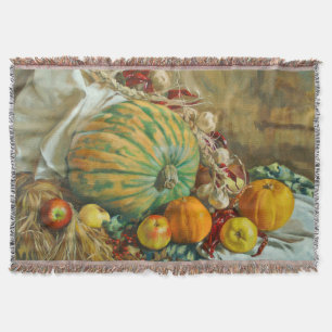 Rustic Harvest Still Life with Pumpkins and Apples Throw Blanket
