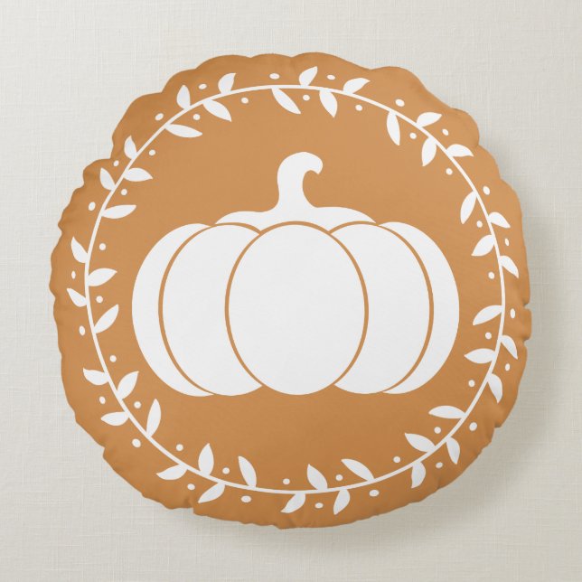 Rustic Harvest White Pumpkin & Wreath Round Cushion (Front)