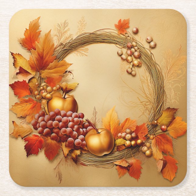 Rustic Harvest: Wreath Harvest Square Paper Coaster (Front)