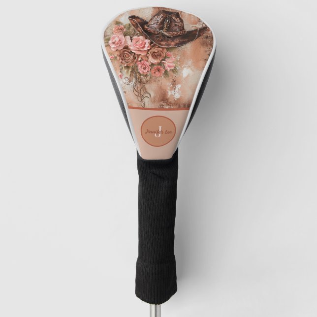 Rustic Hat Blush Pink Flowers Personalized Golf Head Cover (Front)