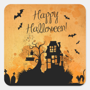 Rustic Haunted House Happy Halloween Square Sticker