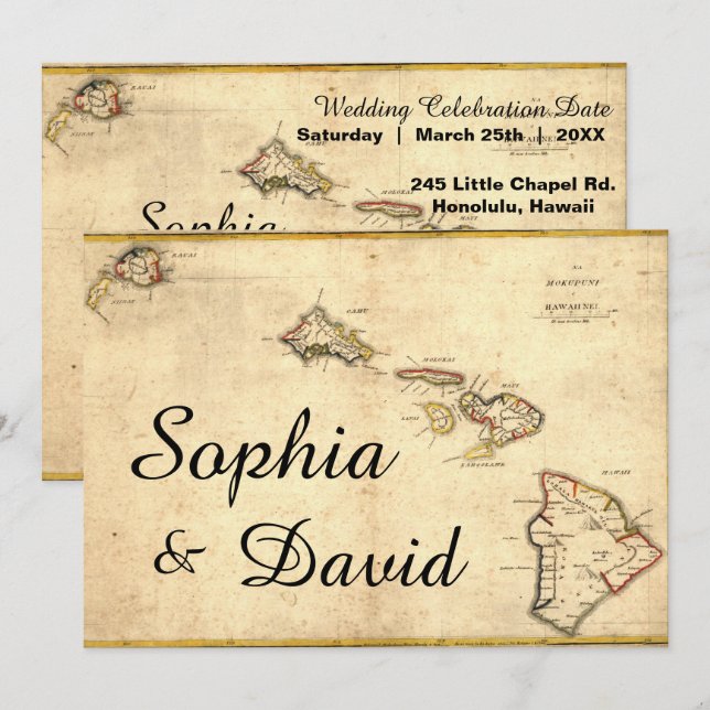 Rustic Hawaiian Themed Map Wedding Invitation (Front/Back)
