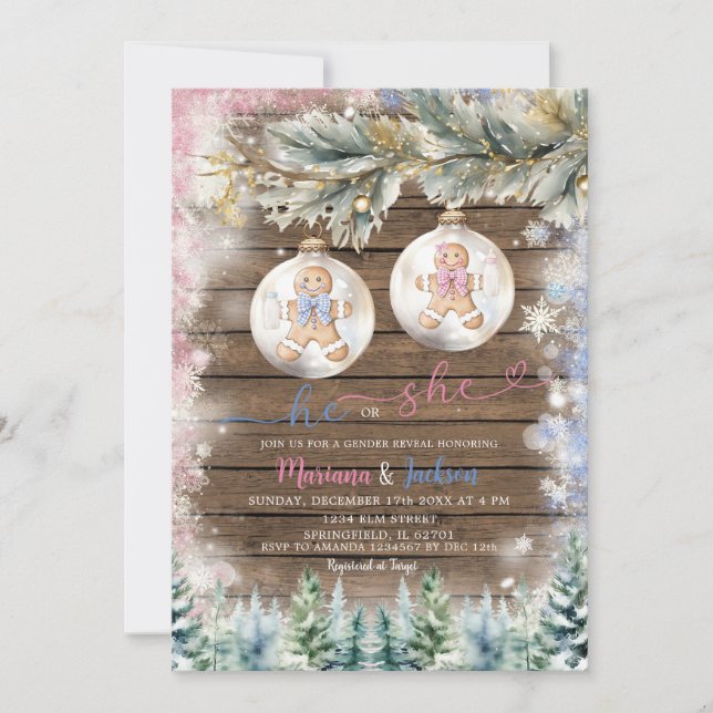 Rustic He or She Cookies Christmas Gender Reveal Invitation (Front)