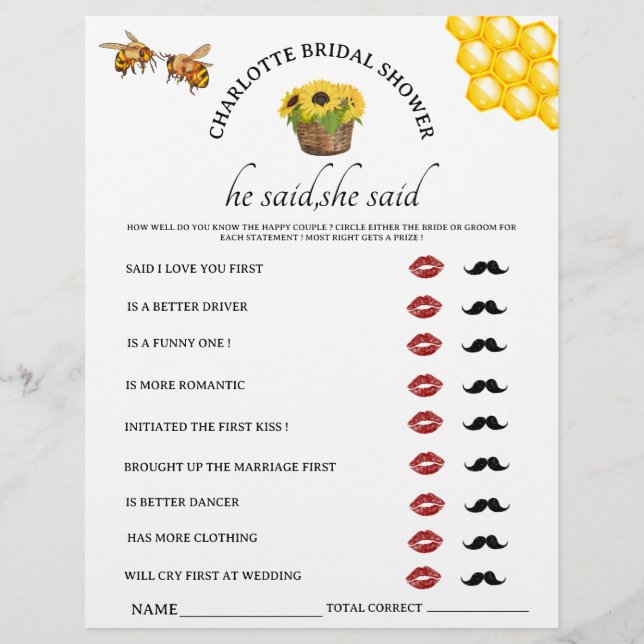Rustic He said She said Bridal Shower Game Flyer (Front)