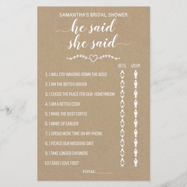 Rustic He said she said shower bilingual game (Front)