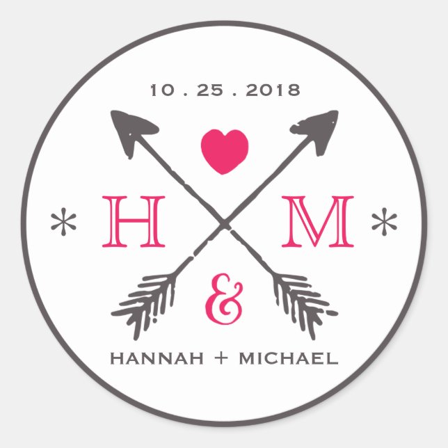 Rustic Heart and Arrow Monogram Wedding Sticker (Front)