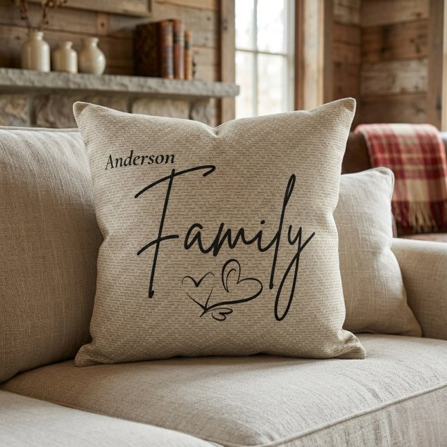 Rustic Heart Burlap Family Name Beige Cushion (Creator Uploaded)