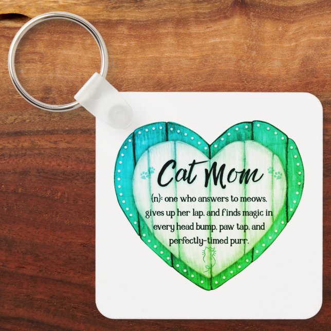 Rustic Heart Cat Mom Greenleaf Metal Keychain (Front)